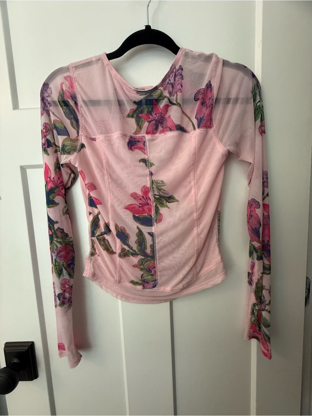 Free People Pink Floral Mesh Panel Long Sleeve Top - Picture 5 of 6